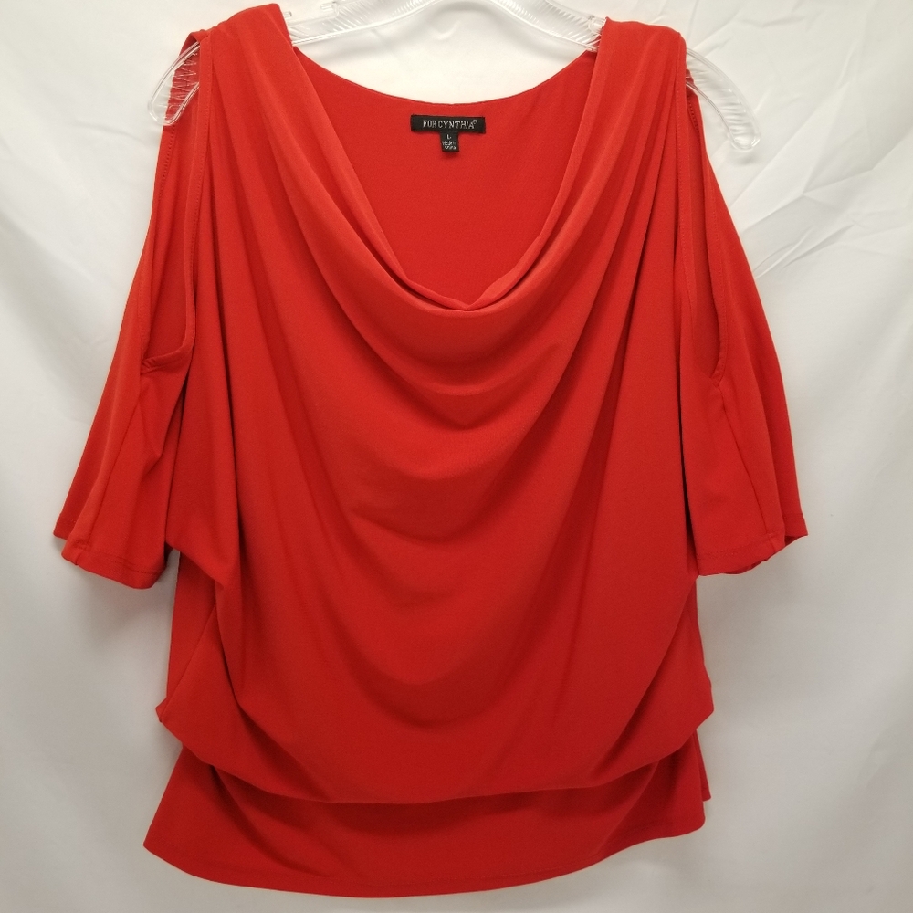 For Cynthia Womans Sz L Blouse Cowl Neck Cold Shoulder 3/4 Sleeve Gathered Waist